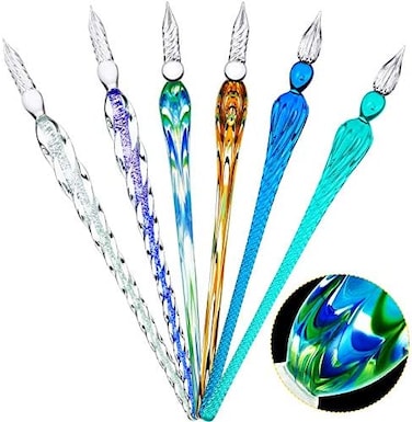 Zonon 6 Pcs Handmade Glass Dip Pen Crystal Glass Signature Pen Calligraphy Glass Pen Dip Ink Pen Borosilicate Present Pen for Writing Drawing Signatures (Stylish Color,Bright Style.