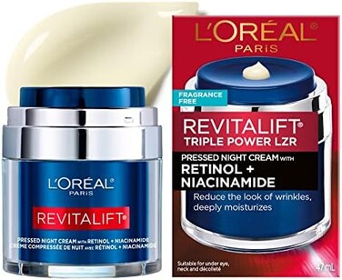 L&rsquo;Or&eacute;al Paris L'Oreal Revitalift Pressed Night Cream with Retinol, Niacinamide, Visibly Reduce Wrinkles, Hydrate for Face, Under Eye, Neck, Chest, Dermatologist tested.
