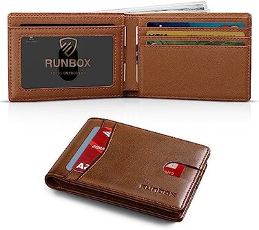 RUNBOX Men's Wallets Slim Rfid Leather Bifold With Gift Box, Brown, Small.