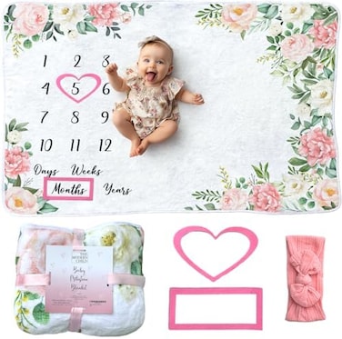 The Modern Child Baby Monthly Milestone Blanket - Personalized Newborn Growth Chart - Customized Soft Fleece Photography Background - Includes Premium Heart, Frame and Pink Bow Headband. 60" X 40"&Atilde;&sbquo;&Acirc;.