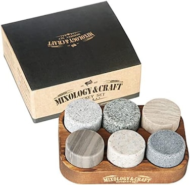 مجموعة أحجار تبريد الويسكي من Mixology & Craft - 6 أحجار تبريد دائرية من الجرانيت للبوربون - هدايا للرجال.