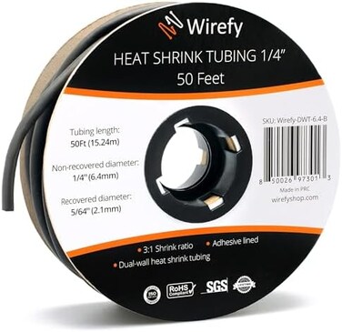أنبوب انكماش حراري من Wirefy مقاس 1/4 بوصة - نسبة 3:1 - مبطن بمادة لاصقة - انكماش حراري من الدرجة البحرية - أسود - لفة بطول 50 قدمًا.