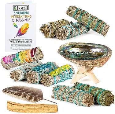 JL Local 10 Sage Smudge Kit - Flower Sage, White Sage, Blue Sage, Yerba Santa, Cedar, JuniperPalo Santo Smudge Sticks, Abalone.