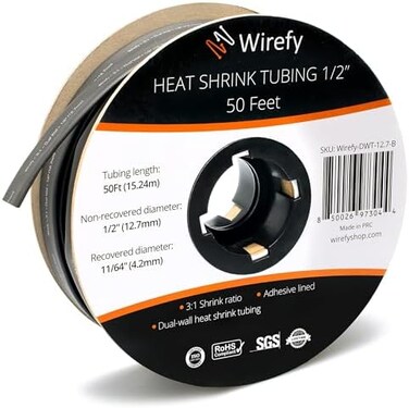 Wirefy 1/2" Heat Shrink Tubing - 3:1 Ratio - Adhesive Lined - Marine Grade Heat Shrink - Black - 50 Feet Roll.