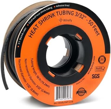 Wirefy 3/32" Heat Shrink Tubing - 3:1 Ratio - Adhesive Lined - Marine Grade Heat Shrink - Black - 50 Feet Roll.
