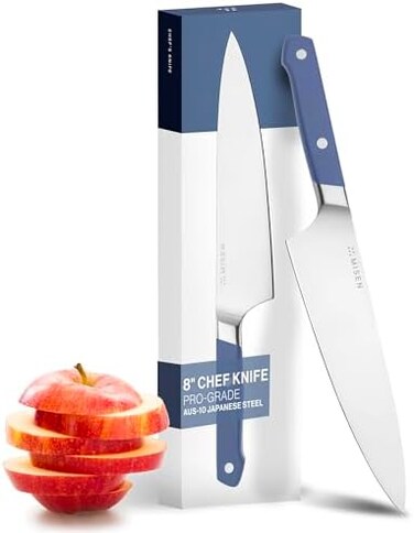 Misen Chef Knife - 8 Inch Professional Kitchen Knife - High Carbon Steel Ultra Sharp Chef's Knife, Blue.