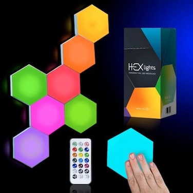مجموعة إمبريلا هيكسلايتس المكونة من 7 مصابيح سداسية الشكل، ألواح جدارية RGB يتم التحكم فيها عن طريق اللمس أو جهاز التحكم عن بعد، ألواح إضاءة LED سداسية الشكل - مثالية لغرفة المعيشة وغرفة النوم وغرفة ا