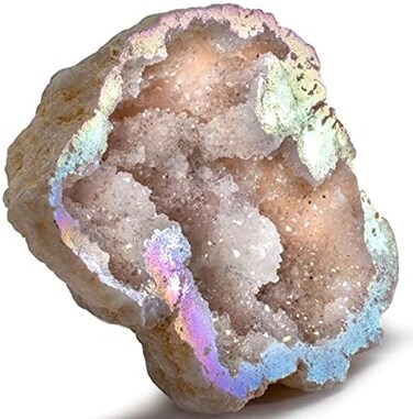 KALIFANO Angel Aura Quartz Geode - Titanium Bonded High Energy Crystal Cuarzo Cluster/Druzy with Information Card - Natural Reiki Rock Used for Clarity and Purpose (Family Owned and Operated.