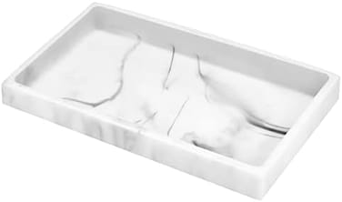 Luxspire Bathroom Vanity Tray, Resin Dresser Jewelry Ring Dish Tank Storage Kitchen Sink Countertop Organizer Plate Holder for Perfume Candles Soap Towel Plant Bathroom Accessories, M, White Marble.