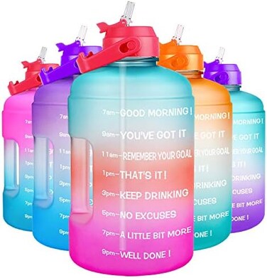 QuiFit 1 Gallon Water Bottle - with StrawMotivational Time Marker Leak-Proof BPA Free Reusable Gym Sports Outdoor Large(128OZCapacity Water Jug(Green/Pink Gradient,1 Gallon.