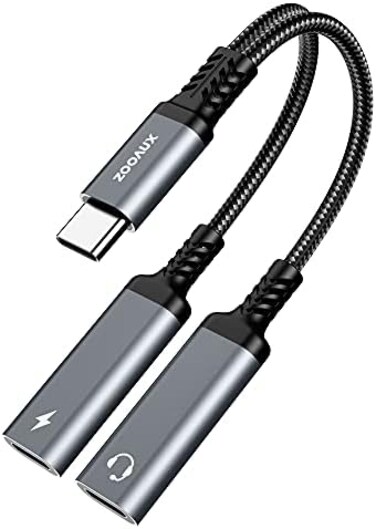 ZOOAUX USB C Splitter, Dual USB C Headphone and Charger Adapter, 2-in-1 Type C Audio Dongle Cable with PD 60W Fast Charging Support Call Music for Pixel 4 3 XL, Galaxy S23 S22 S21, Xperia.
