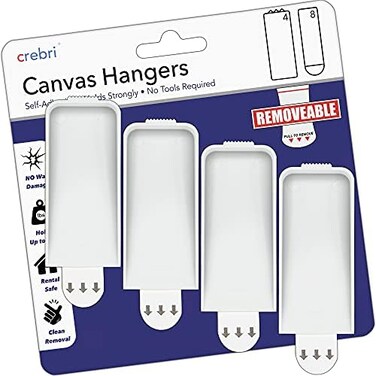 Crebri Canvas Hangers for Walls - Painting Hangers, Removable Wall Art Hanger (4 Hooks, 8 StripsHolds up to 18 x 24" canvases 3-4 lbs.