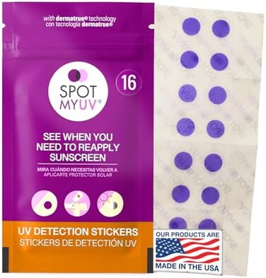 SPOTMYUV 16-Pack UV Stickers for Sunscreen with Patented Dermatrue SPF Sensing Technology.