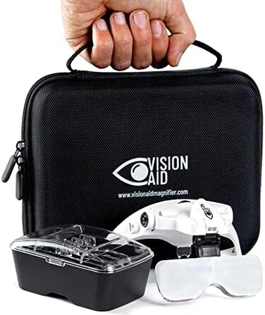 Vision Aid Magnifying Glasses with LED Light, 5 Lenses, Headband, Storage CaseHands Free Lighted Head Mount Magnifier for Hobby Crafts Macular Degeneration Cross Stitch Diamond Painting Close Work.
