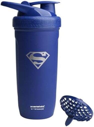 Smartshake Justice League Reforce Shaker Bottle 900ml, DC Comics Stainless Steel Protein Shaker Water Bottle, Leakproof Water Shaker Cup, Supplement Shaker for SportGYM, BPA-free, DC Superman.