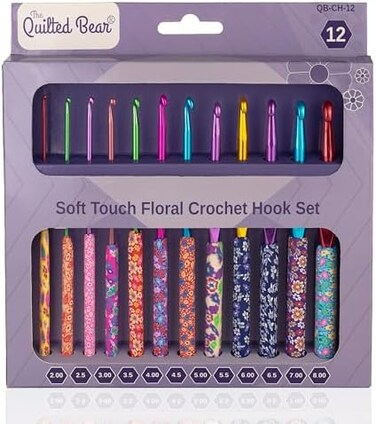 The Quilted Bear Crochet Hook Set - Premium Soft Grip Floral Crochet Hooks with Ergonomic Polymer Clay Handle 12 Hook Set (2mm, 2. 5mm, 3mm, 3. 5mm, 4mm, 4. 5mm, 5mm, 5. 5mm, 6mm, 6. 5mm, 7mm8mm.