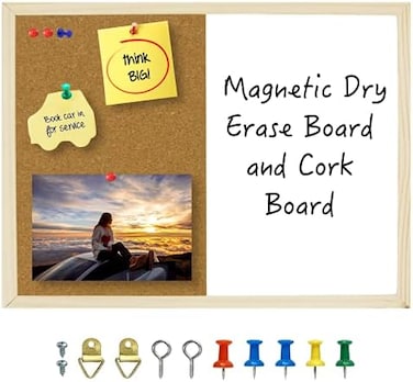 OWLKELA Dry Erase Cork Board 16. 5"x12. 6", Notice Pin Board, Memo Board, Vision Board, Bulletin Board for Office, Classroom or Home, Mounting Hardware and Push Pins Included, Wooden Frame.
