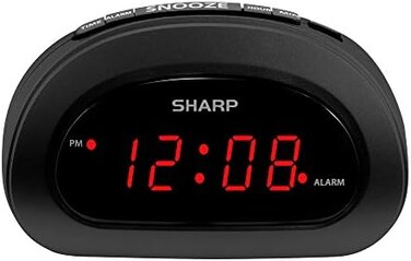 SHARP Small Digital Alarm Clock with Snooze and Battery Backup, Easy to Use Top Button Controls for Simple Use, Black Case with Red Easy to Read LED Display.