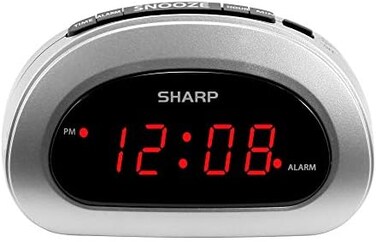 SHARP Small Digital Alarm Clock with Snooze and Battery Backup, Easy to Use Top Button Controls for Simple Use, Silver Case with Red Easy to Read LED Display.