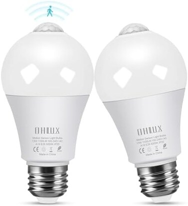 مصابيح إضاءة بمستشعر حركة من OHLUX، 13 واط 1000 لومن، مصباح أمان LED فائق السطوع A60، E27 AC100-240V، إضاءة تعمل بالحركة، عبوة من قطعتين.