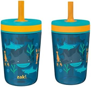 Zak Designs Kelso 15 oz Tumbler Set, (UnderwaterNon-BPA Leak-Proof Screw-On Lid with Straw Made of Durable Plastic and Silicone, Perfect Baby Cup Bundle for Kids (2pc Set.