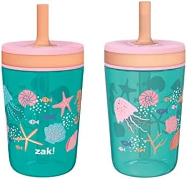 طقم أكواب Zak Designs Kelso سعة 15 أونصة، (أغطية مانعة للتسرب وخالية من مادة BPA مع شفاطة مصنوعة من البلاستيك المتين والسيليكون، مجموعة أكواب مثالية للأطفال (مجموعة من قطعتين).