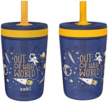 Zak Designs Kelso 15 oz Tumbler Set, (SpaceNon-BPA Leak-Proof Screw-On Lid with Straw Made of Durable Plastic and Silicone, Perfect Baby Cup Bundle for Kids (2pc Set.