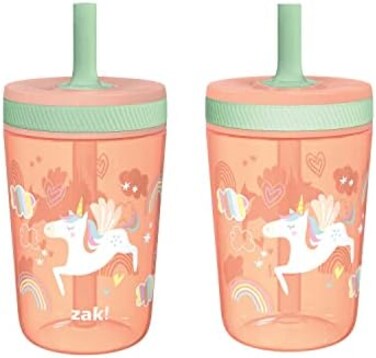طقم أكواب Zak Designs Kelso سعة 15 أونصة، (يونيكورن) غطاء لولبي مانع للتسرب بدون مادة BPA مع ماصة مصنوع من البلاستيك المتين والسيليكون، مجموعة أكواب مثالية للأطفال (مجموعة من قطعتين).