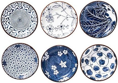 Swuut Japanese Style Ceramic Dipping Bowls,4 Inch Side Dishes Sauce Dishes for Sushi,Sauce,Snack and Soy,3 Oz Blue and White Pinch Bowls for Kitchen Prep - Set of 6(4 inch.