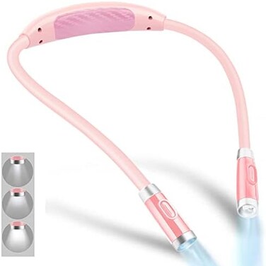 Vekkia Rechargeable LED Neck Reading Light, Book Lights for Reading in Bed, 3 Brightness Levels, Flexible Soft Silicone Arms Comfortable Wear, Long Lasting, Perfect for CraftKnitting, Pink.
