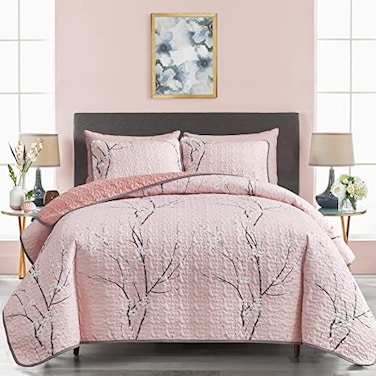 طقم لحاف وردي قابل للعكس من UOZZI BEDDING مكون من 3 قطع، مقاس كوين كامل 88x88، مصنوع من ألياف دقيقة ناعمة وخفيفة الوزن، طقم غطاء سرير صيفي مناسب لجميع الفصول (1 لحاف 2 غطاء وسادة).