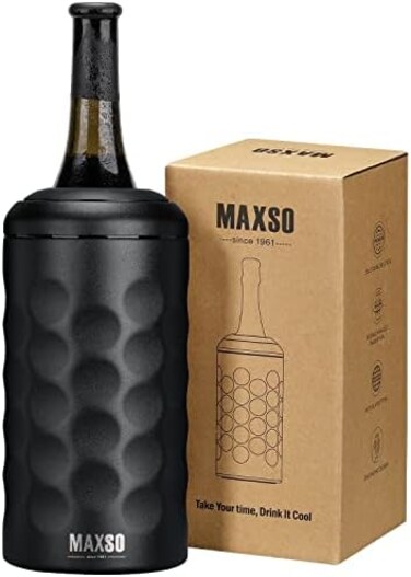 دلو تبريد النبيذ MAXSO، مبرد زجاجات الشمبانيا والنبيذ المحمول سعة 750 مل، يحافظ على برودة مشروبات النبيذ، مصنوع من الفولاذ المقاوم للصدأ ومعزول بتفريغ الهواء، هدايا لمحبي النبيذ - أسود.