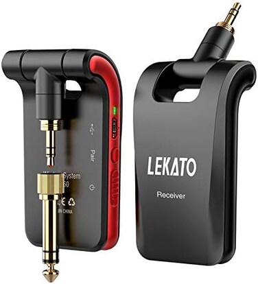 LEKATO Wireless Guitar System 2. 4GHz Rechargeable Audio Wireless Transmitter Receiver 6 Channels for Guitar Bass Electric Instruments, Stereo and Mono 1/4&rdquo;1/8&rdquo; 2 in 1 Plugs,Black(WS-60.