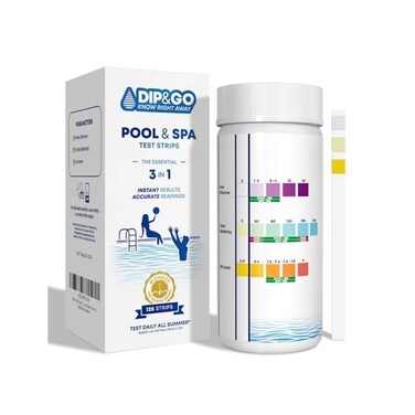 شرائط اختبار DIP & GO DIPGO لحمامات السباحة والمنتجعات الصحية - 125 شريطًا، مجموعة اختبار حمام السباحة 3 في 1 لدرجة الحموضة، والكلور الكلي، والقلوية الكلية - شرائط اختبار المنتجعات الصحية لأحواض الاست