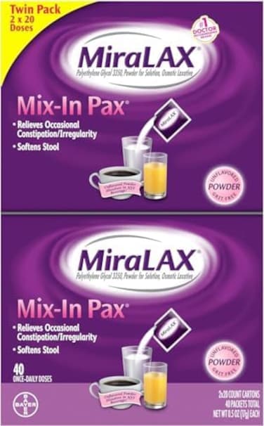 MiraLAX Laxative Powder for Gentle Constipation Relief Single Dose Packets, 40 Count (2 x 20 Doses.