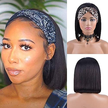 OYM HAIR Short Headband Wig bob for Black Women Brazilian virgin Human Hair Wig for Women Easy to Wear Half Wig with Free Headband Natural Color 150% Density (10 Inch.