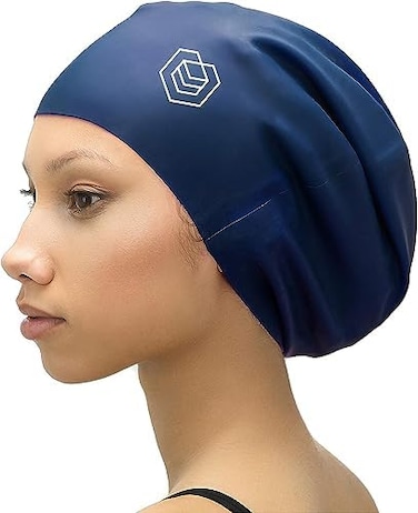 SOUL CAP Large Swimming Cap for Long Hair - Designed for Long Hair, Dreadlocks, Weaves, Hair Extensions, Braids, CurlsAfros - WomenMen - Silicone (M, Navy.