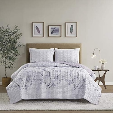 Comfort Spaces Reversible Quilt Set-Vermicelli Stitching Design All Season, Lightweight, Coverlet Bedspread Bedding, Matching Shams, Full/Queen (90 in x 90 in, Kate Floral Purple 3 Piece.