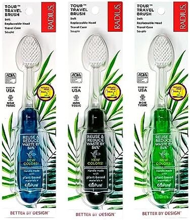 RADIUS Toothbrush Tour Travel Brush Soft Assorted Colors 3 Count, BPA Free and ADA Accepted, Designed to Clean Teeth and Reduce The Risk of Gum Disease - Blue/Smoke/Green.