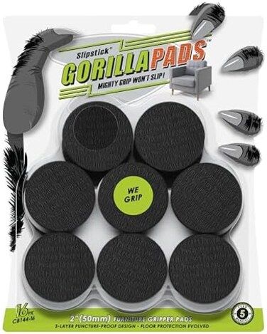 Slipstick GorillaPads Non Slip Furniture Pads/Floor Grippers (Set of 16 Grips2 Inch Round Floor Protectors for Under Furniture, Black, CB144-16.