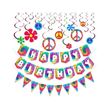 Tenare 15 Pieces Tie Dye Party Happy Birthday Banner Pennant Banner and 60's Hippie Theme Party Foil Swirl Decor for Tie Dye Party Art Classic 60s 70s Theme Hippie Carnival Party Baby Shower Birthday