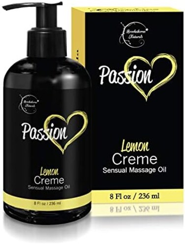 Brookethorne Naturals Passion Sensual Massage Oil for Couples &ndash; All Lemon Cr&egrave;me Scent with Almond OilJojoba Oil. Natural Body Oil for Dry Skin. Massaging Oil for RomanceRelaxation &ndash; 8oz.