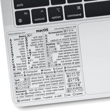 Synerlogic Mac OS Shortcuts StickerKeyboard Stickers for MacBookNo-Residue Laminated Vinyl Laptop StickersShortcut Stickers for 13-16" Air and Pro (Clear/Black.