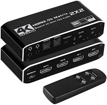 ENBUER HDMI Matrix 2x2, 4K@60Hz HDMI Matrix Switch 2 in 2 Out with IR Remote Control, Support HDMI 2. 0b, HDCP2. 2, HDR10, Ultra HD, 3D.