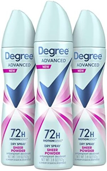 Degree Advanced Antiperspirant Deodorant Dry Spray 72-Hour Sweat and Odor Protection Sheer Powder Deodorant Spray For Women With MotionSense Technology 3. 8 oz, Pack of 3.