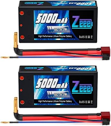 Zeee 2S Lipo Battery 5000mAh 7. 4V 100C Shorty Hard Case Battery with 4mm Bullet to Deans Connector for RC 1/10 Scale Vehicles Car Trucks Boats RC Models(2 Pack.