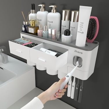 iHave Toothbrush Holders, 4 Cups Toothbrush Holder Wall Mounted with Toothpaste Dispenser, Large Capacity Tray, 2 Cosmetic Drawer and 7 Brush Slots with Cover.