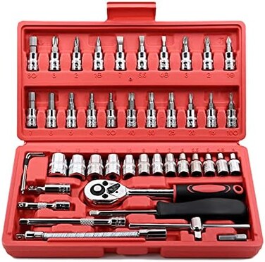 Egofine 46 Pieces 1/4 inch Drive Socket Ratchet Wrench Set, with Bit Socket Set Metric and Extension Bar for Auto Repairing and Household, with Storage Case.