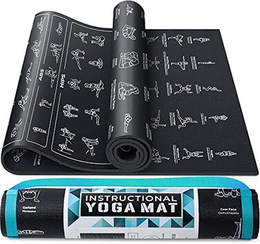 GRAND BASICS Instructional Yoga Mat with Carrying Strap: Cute Yoga Mat with 75 Illustrated Yoga Poses75 Easily-Followed Stretching Exercises - 1/4&rdquo; Thick, Non-Toxic, Non-Slip Yoga Mats for Women and M