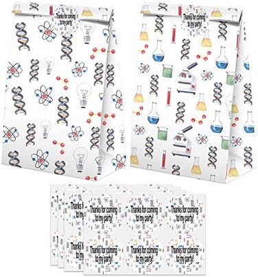 BonBeeDesign Science Party Favors Candy Bags with Stickers - Science Goodie Gift Treat Bags - Science Themed Birthday Party Supplies.